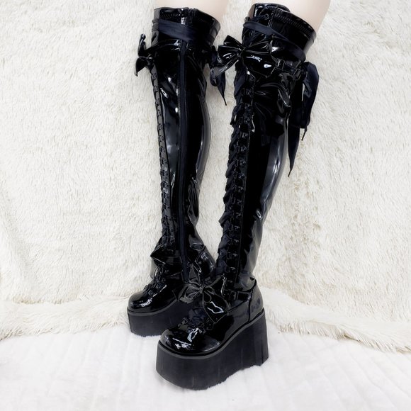 Shiny Black Patent Goth Punk Rave Platform Thigh High Boots Kera 303 - Picture 9 of 13